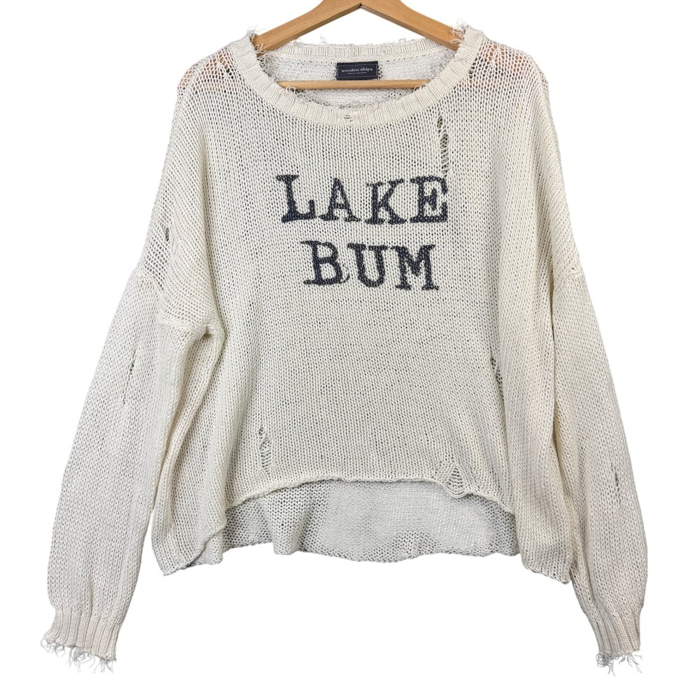 Wooden Ships Lake Bum Distressed Knit Sweater White Cream M/L Graphic Pullover